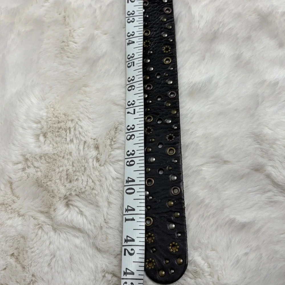 Fossil Dark Brown Genuine Leather Studded Grommet Belt Women Large Boho Rocker